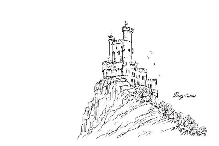 ruins of an Irish castle on a cliff entwined with roses  tattoo design idea