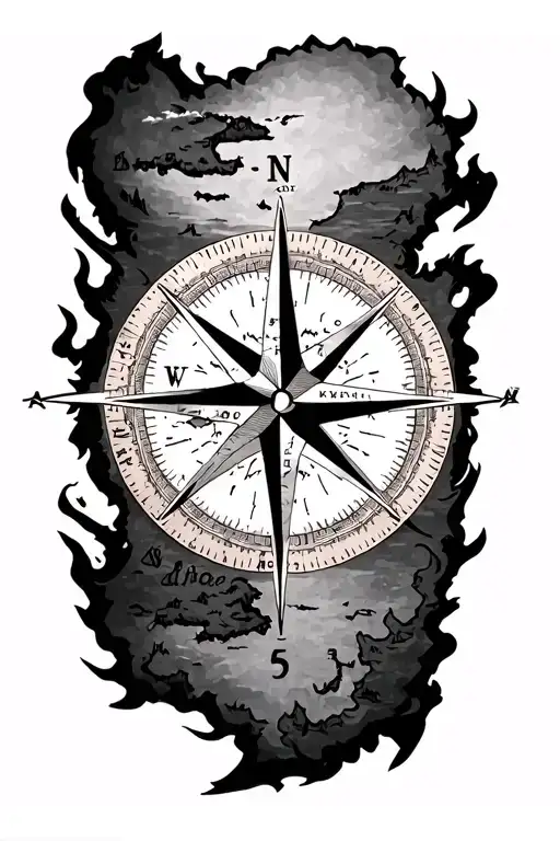 A black-grey tattoo of a compass rose with Lake Erie as the center point and various islands surrounding it tattoo design idea
