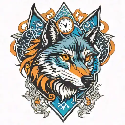 Wolf blue and orange eyes, and behind are clock tattoo design idea