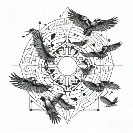 sun in geometric line style with birds flying towards it   tattoo design idea