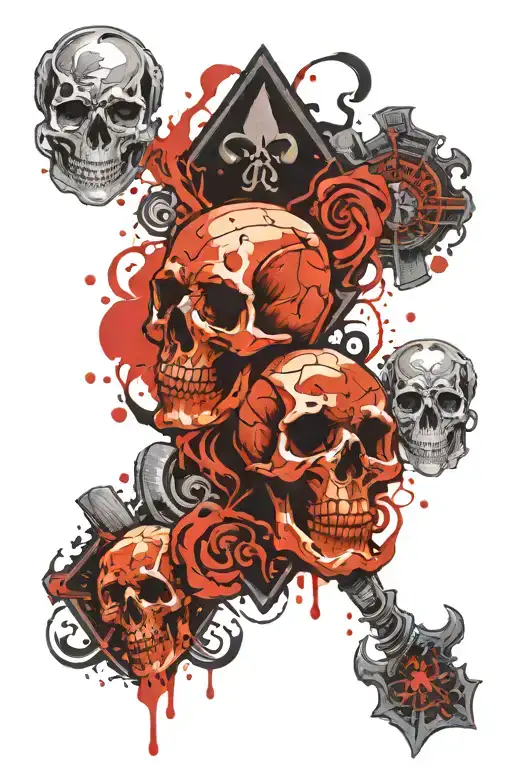 sleeve tattoo design, skulls, ace of spades, grim reaper, black voids, red sand  tattoo design idea