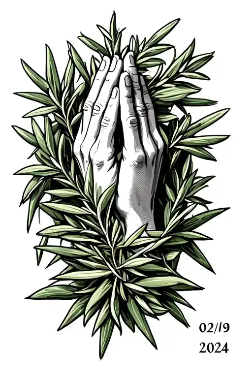 Praying hands holding a rosemary with the date 02/09/2024  tattoo design idea