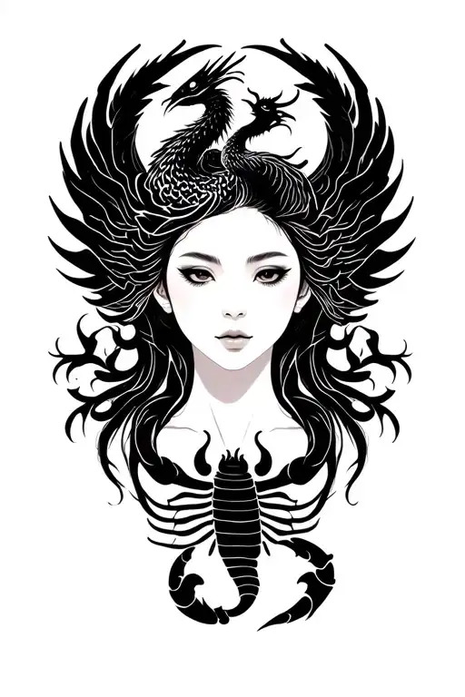 silouette of a woman’s face serene and powerful with pheonix and dragon. A scorpion on her breast revealing it tattoo design idea
