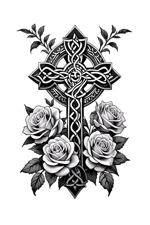 Celtic cross surrounded by roses tattoo design idea