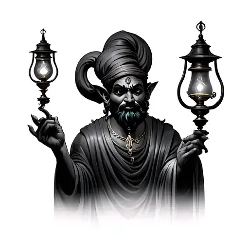 black genie man with lamp tattoo design idea