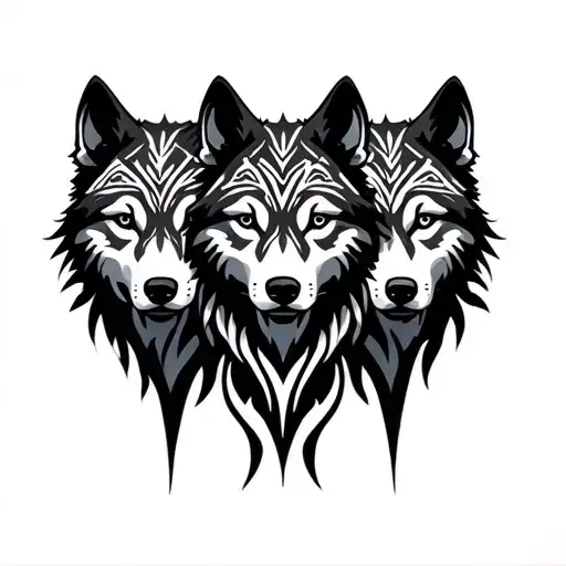three tribal wolves facing front view  tattoo design idea