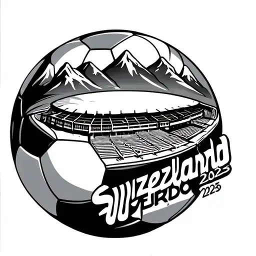 Clean soccer ball with swiss mountains and stadium wankdorf and text: Switzerland WEURO 2025 tattoo design idea