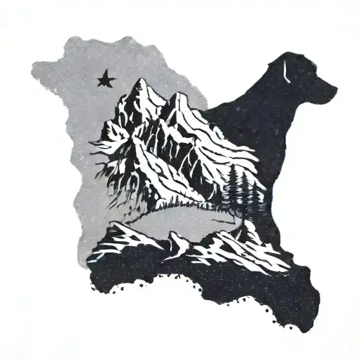 A silhouette of a dog climbing a mountain with a travel map in the background tattoo design idea