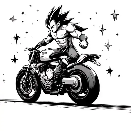 Majin Vegeta Ultra Ego on a motorcycle on the road in space next to the stars tattoo design idea