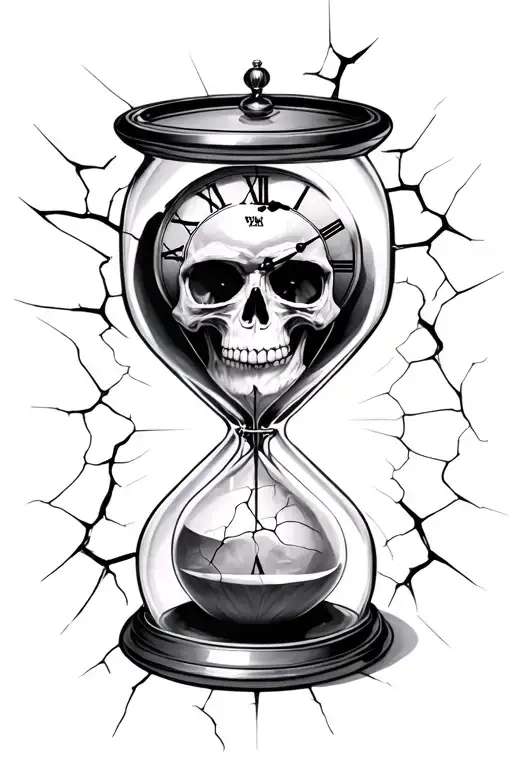 hourglass with a skull clock inside the top glass and bottom glass is cracked with lots of detail tattoo design idea