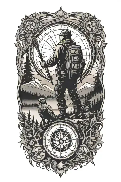 A father and son silhouette standing in a forest, with the mountains and lake. intertwine a compass, dove, dreamcatcher  tattoo design idea