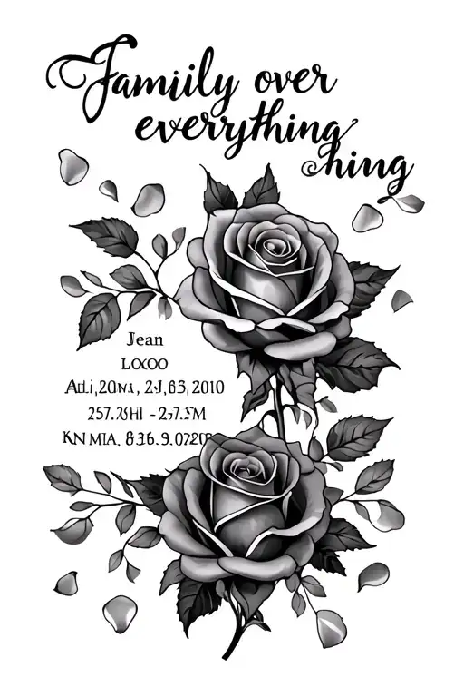 "family over everything "  half sleeve of roses (3)  and space for birthdates in rose petals  tattoo design idea