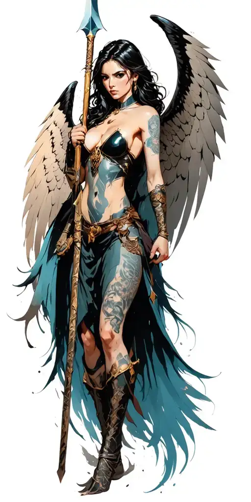 fantasy style female battle angel using a spear tattoo design idea