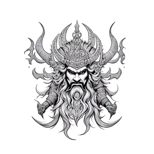 Ravana, Demon king, 10 heads Hindu mythology tattoo design idea