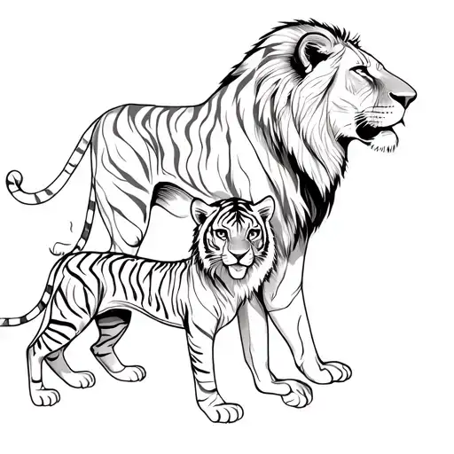 a lion and a lioness back to back and below two tiger cubs also back to back tattoo design idea