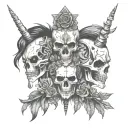 totem skuls facing different ways on top of each other. 1 is a punk rocker 2 has flowers and 3  has unicorn horn tattoo design idea
