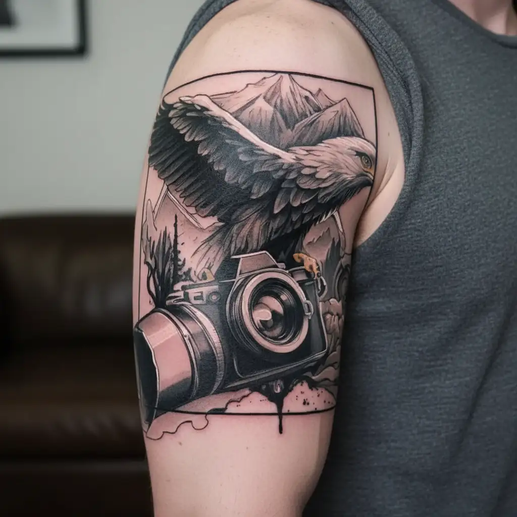simple camera surrounded by mountain landscape featuring a soaring eagle tattoo design idea