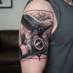 simple camera surrounded by mountain landscape featuring a soaring eagle tattoo design idea