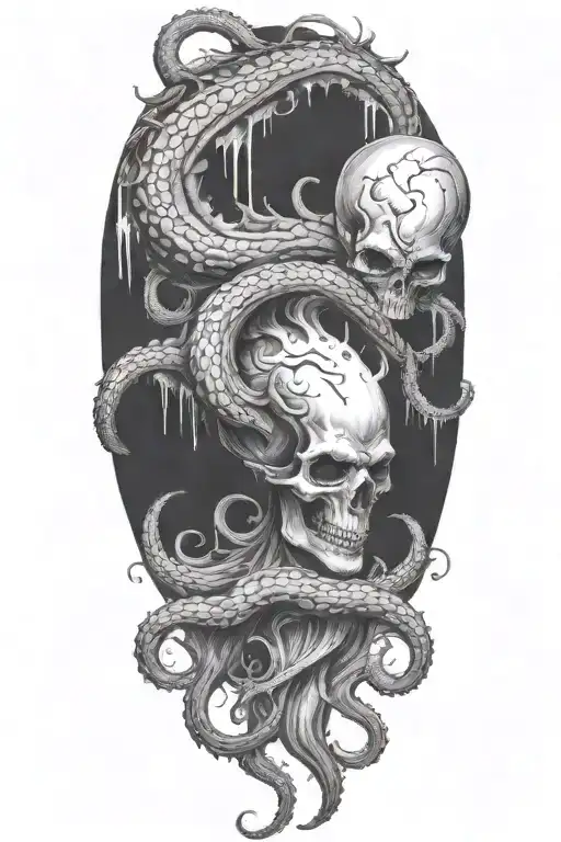 A black and grey tattoo of a malevolent kraken overtaking a skull with its massive tentacles in a hauntingly beautiful way tattoo design idea