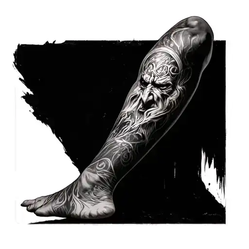 Hell yeah, this is gonna be legendary! A fully wrapped, black-and-grey realism Lord of the Rings villain leg se with ins tattoo design idea