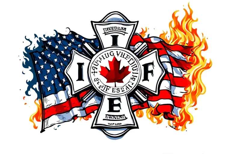 IAFF firefighter cross with American and Canadian flag with a fire background tattoo design idea