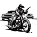 Create a badass outlaw gangster riding a motorcycle with a gun in hand, set against a backdrop of speeding cars tattoo design idea