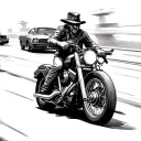 Create a badass outlaw gangster riding a motorcycle with a gun in hand, set against a backdrop of speeding cars tattoo design idea