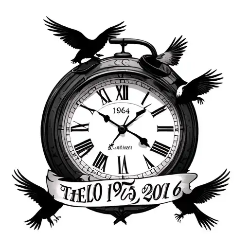 Hello, I want you to design a men's upper arm tattoo. The clock will say 1964, 1975, 2000 and 2016 with bird figures around it. tattoo design idea