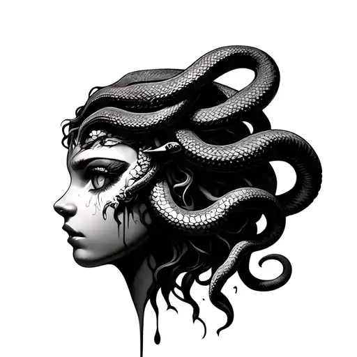  outline of medusa with snakes wrapped one half of her face diagonally,  other showing one eye open with semi colon tear tattoo design idea
