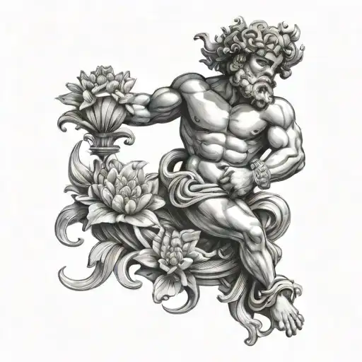 A Roman statue of Neptune holding a bouquet of exotic ocean flowers tattoo design idea