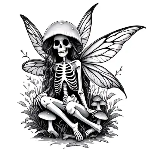 skeleton mushroom fairy surrounded with bones and mushrooms  tattoo design idea