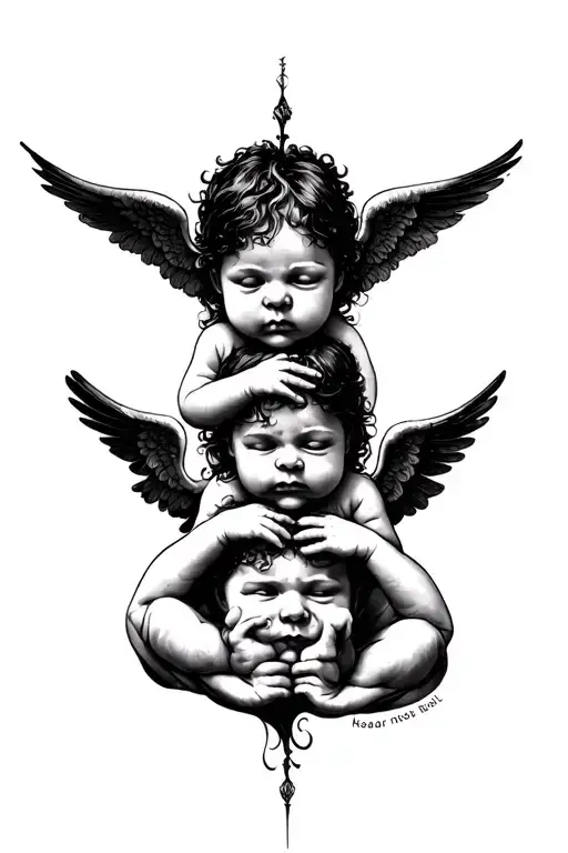 hear no evil tattoo with 3 babys name with 2 angels tattoo design idea