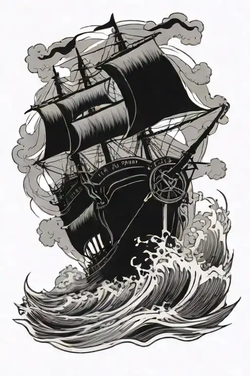 Bow of pirateship breaking through a wave in very bad weather  tattoo design idea