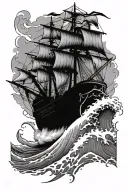 Bow of pirateship breaking through a wave in very bad weather  tattoo design idea