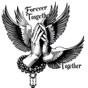 "Forever Together" praying hands surrounded by rosary beads intertwined with doves flying tattoo design idea