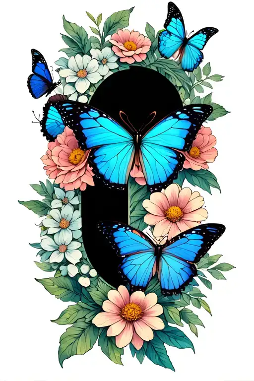 semicolon tattoo with flowers and blue butterflies  tattoo design idea