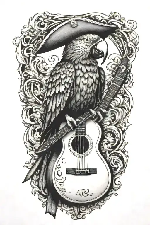 parrot pirate hat perched on guitar tattoo design idea