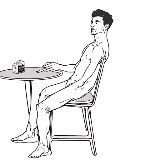a man sitting on a chair with a table and a cigarette pack on top tattoo design idea