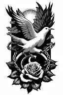dove with chain with letter c rose with a wedding ring sleek sun clouds tattoo design idea