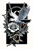 dove with chain with letter c rose with a wedding ring sleek sun clouds tattoo design idea