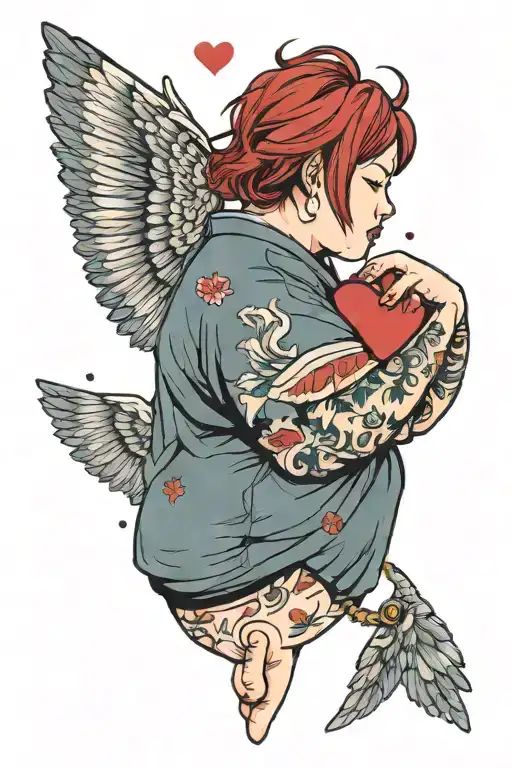 chubby girl with short red hair crying with a heart in her hand  and with broken wings  tattoo design idea