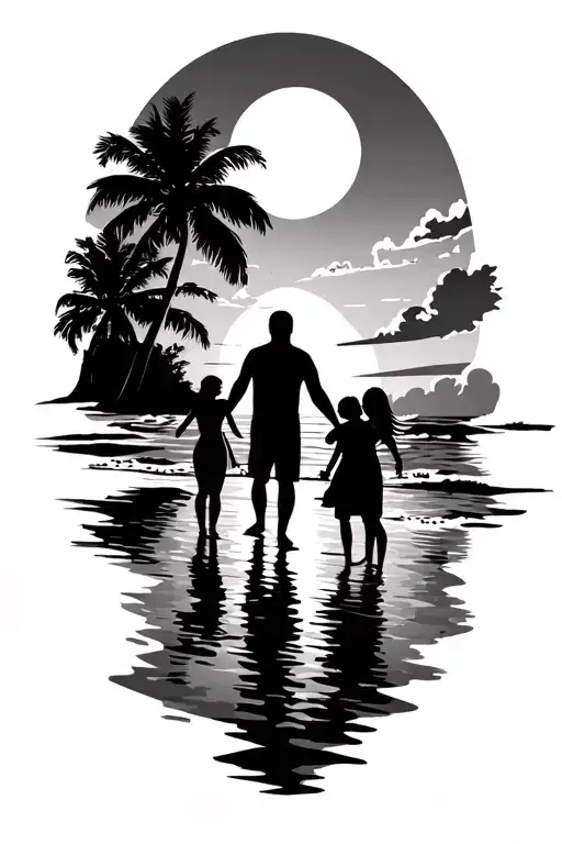 sunset beach scheme black sillhouete.  Girl, Man, Boy holding hands. tattoo design idea