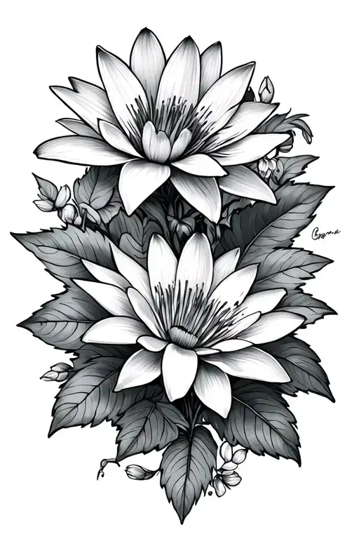 larkspur and water lily Aster and morning glory vine tattoo design idea