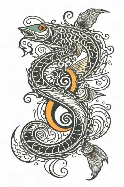 A neotraditional tattoo of a fishing lure morphing into a treble clef symbol, surrounded by client's diverse interests a tattoo design idea