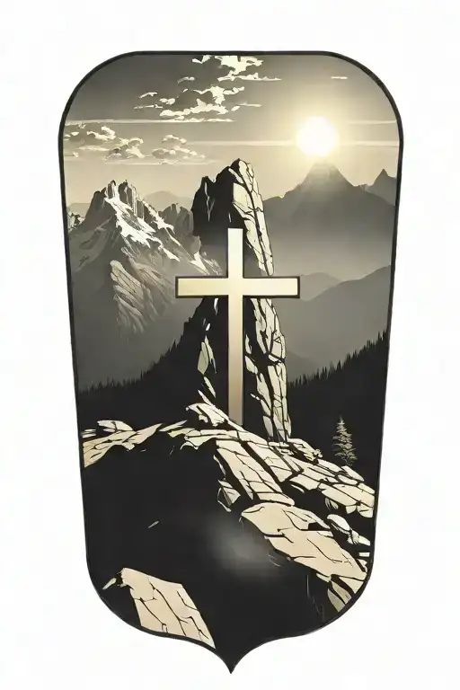 christian cross summit of a mountain landscape ray of sunshine tattoo design idea
