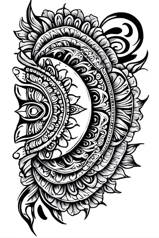 forearm tatto with mandala and maori design with nepali theme tattoo design idea