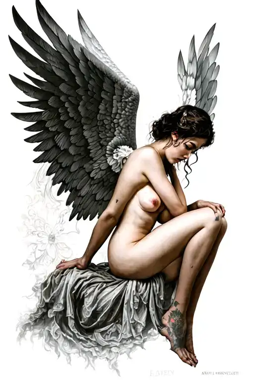 beautiful female fallen angel, nude, busty, sad, tattoo design idea