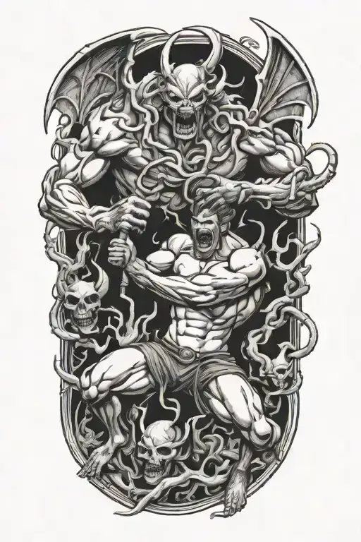 human fighting off demons crawling out ADHD tattoo design idea