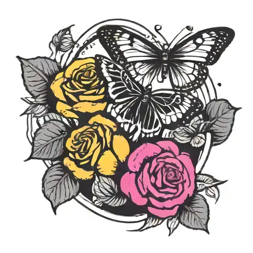a Black and White Rugby ball with Gold Rose Roses and an ombré of magenta and Raspberry color to a dark red butterflies. tattoo design idea
