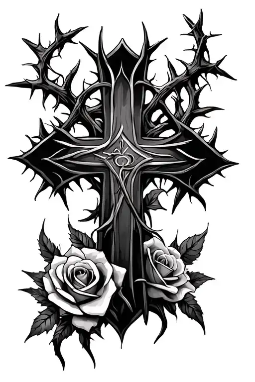 cross crown of thorns and roses intertwined tattoo design idea
